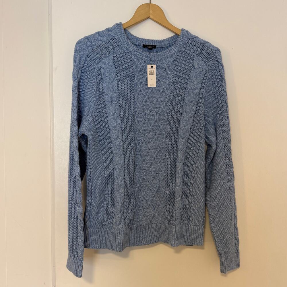 Talbots Women's Cable Knit Sweater Large Light Blue 100% Cotton Crew Neck NWT